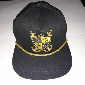 SA Company flat bill black gold snap back hat fish shield anchor hunting sport